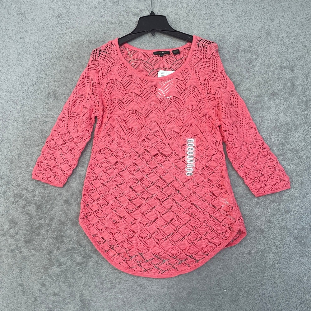 NWT Jeanne Pierre Sweater Women's Large Pink 100% Cotton Crochet Knit 3/4 Sleeve